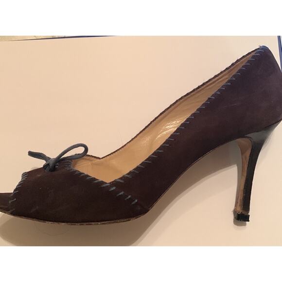 ▪️SOLD▪️Manolo Blahnik Chocolate Brown Suede -Peep TOE -Blue Lacing  39 1/2 M - Picture 4 of 15